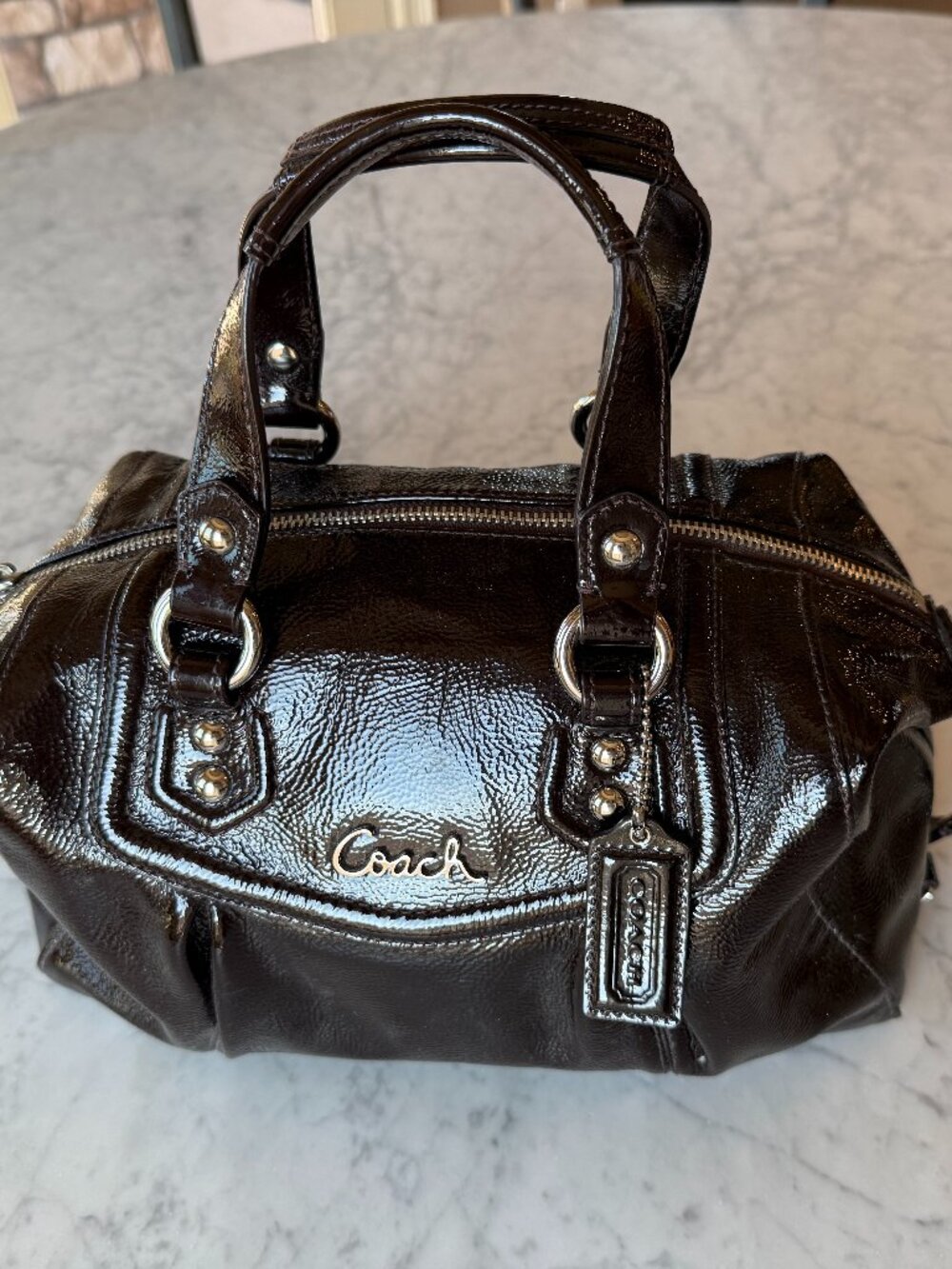 Like New Coach Brown Ashley Patent Leather Shoulder Bag | Silver Hardware
